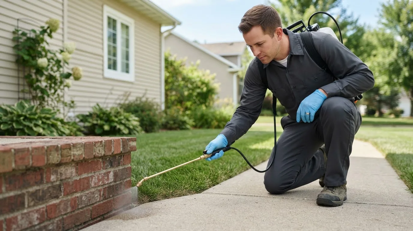Pest control technician treating a home near Johnson, VT